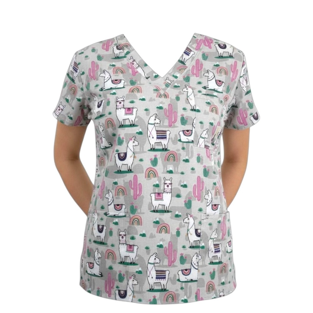 I Love Scrubs Scrub Top Medium Llamas Cactus Rainbows Gray Pink Green